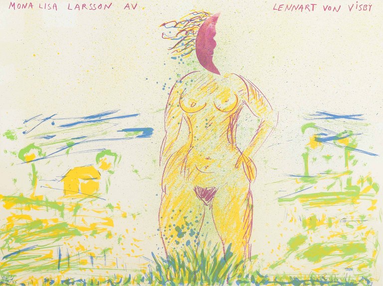 Kvindefigur i ekspressivt landskab
Erik Dietman
"Mona Lisa Larsson"
Litografi i farver.
