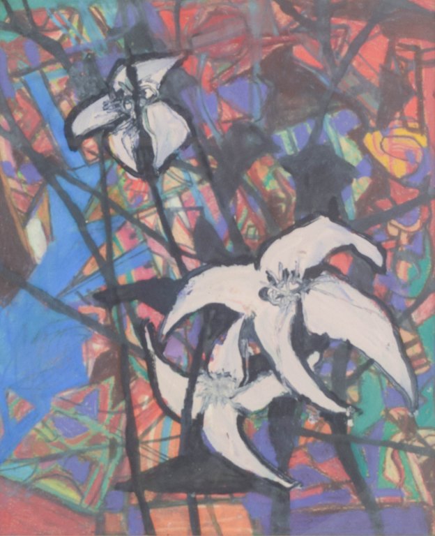 Ubekendt kunstner, 1960’erne.
Abstrakt komposition.
Mixed media på plade, bag glas.