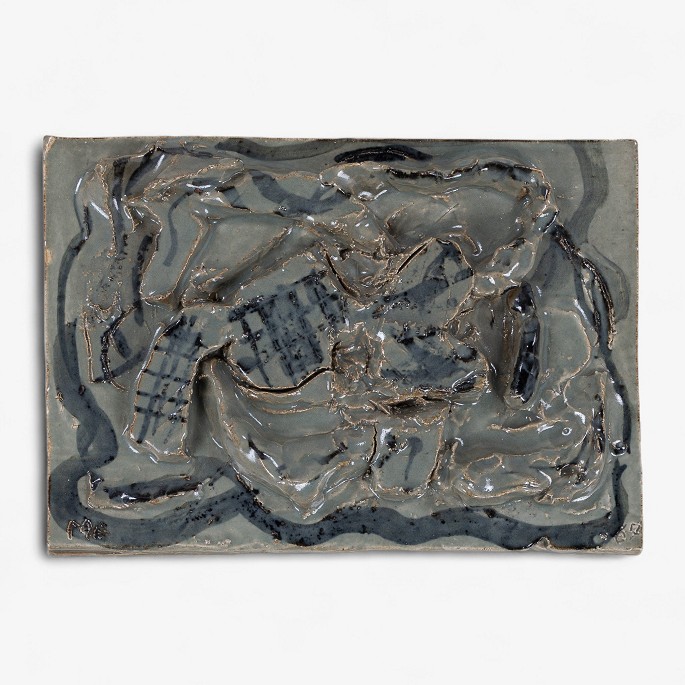 Mogens Andersen / Royal Copenhagen.
Stoneware relief with abstract shapes and greenish glaze. Signed, MA 67. 
Manufacturer