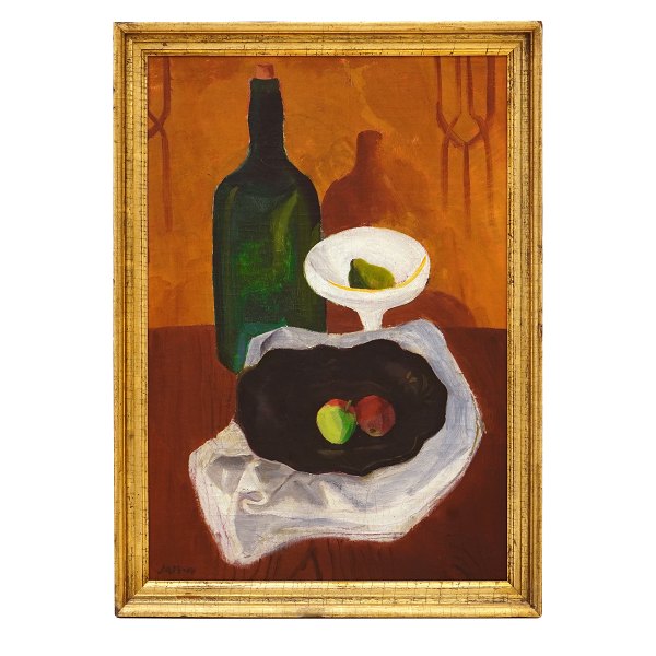 Jais Nielsen maleri. Jais Nielsen, 1885-1961, olie på lærred. Opstilling med 
flaske, opsats og æbler i skål. Signeret "Jais 14". Lysmål: 70x47cm. Med ramme: 
79x56cm