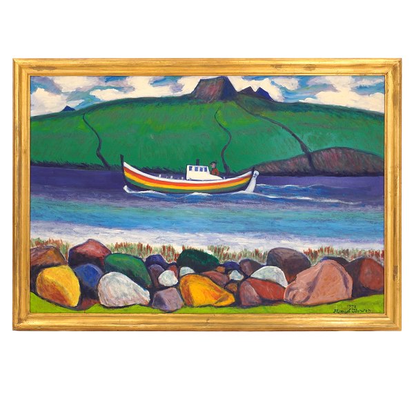 Frimod Joensen maleri Færøerne. Frimod Joensen, 1915-97, olie på masonit. Landskab Færøerne signeret og dateret 1978. Lysmål: 80x119cm. Med ramme: 92x131cm