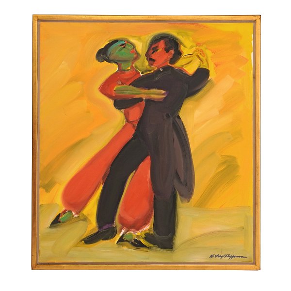 Hans Voigt Steffensen, g. 1941, Öl auf Leinen. "Tangopaar". Signiert und daiert 2003. Lichtmasse: 90x80cm. Mit Rahmen: 96x86cm
