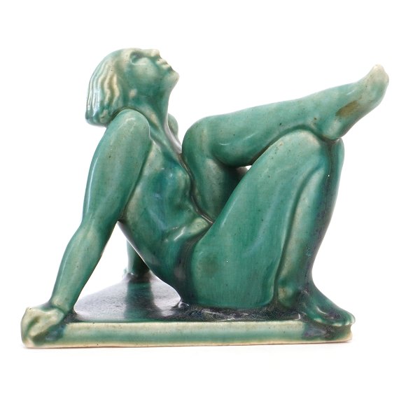 Jesn Jacob Bregnø, 1877-1976, Art Deco stoneware figurine. Signed JB. H. 13cm. D: 17cm. W: 15cm