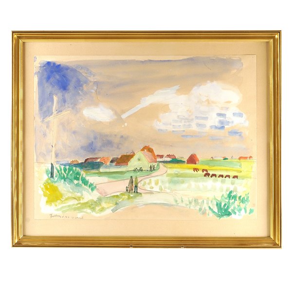 Jens Søndergaard, 1895-1957, water color. The landscape at Fjaltring signed an dated 18.8.46. Visible size: 41x55cm. with frame: 54x66cm