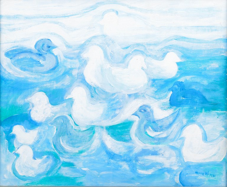Harry W. Svensson, "Birds in Stormy Water", modernist oil painting, listed Swedish artist.