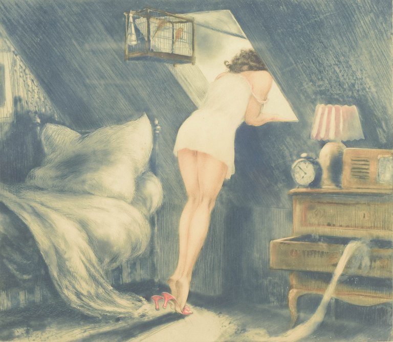 Louis Icart, "Attic Room", etching, listed French artist.