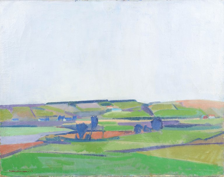 Danish artist, oil on canvas, modernist landscape, 1956.