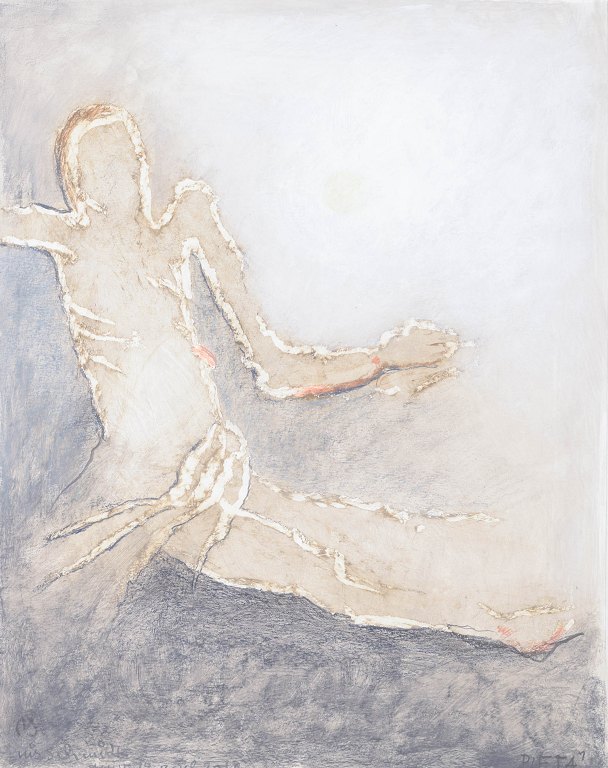 Nis Schmidt, Pietà, mixed media on paper, listed Danish visual artist.
