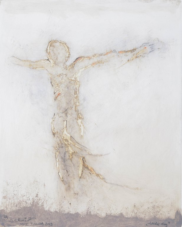 Nis Schmidt, "Tredie dag", mixed media on paper, listed Danish visual artist.