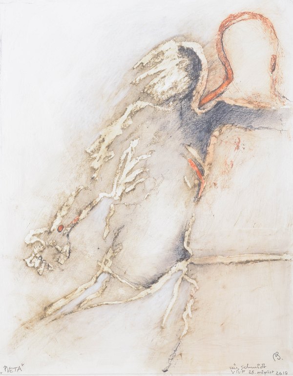 Nis Schmidt, "Pietà", mixed media on paper, listed Danish visual artist.