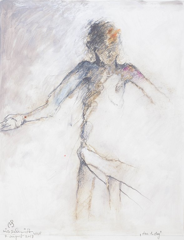Nis Schmidt, "Den 1. dag", mixed media on paper, listed Danish visual artist.